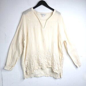 COLDWATER CREEK Ivory LINEN Floral Embroidered Oatmeal Beige Lagenlook Tunic Top